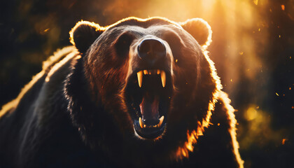 Closeup portrait of roaring bear, dramatic light, blurred background
