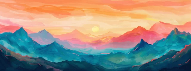 Fototapeten Vibrant Sunset Over Mountain Peaks With Watercolor Aesthetic at Dusk © AndErsoN