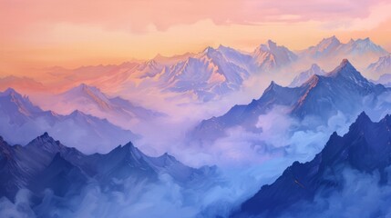 Vibrant Sunset Over Mountain Peaks With Watercolor Aesthetic at Dusk