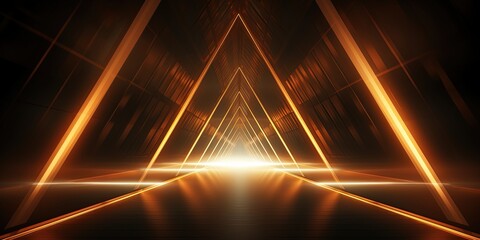 Neon light abstract background. Triangle tunnel or corridor sepia colors neon glowing lights. Laser...