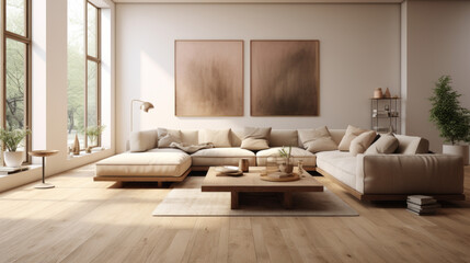 A spacious living room featuring customizable furniture and neutral tones