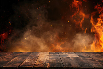 Billowing smoke and intense flames engulf the space above weathered wooden planks, creating a dramatic and fiery tableau. - obrazy, fototapety, plakaty