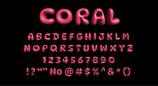 3D letters in Y2K style in pink/coral color, on a black background. Playful design inspired by inflated balloon letters from the 2000s or 90s.