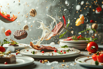 Different types of meal and vegetables cooked flying and floating in the air chaotically and dynamically. Tossed in the air meal. - obrazy, fototapety, plakaty