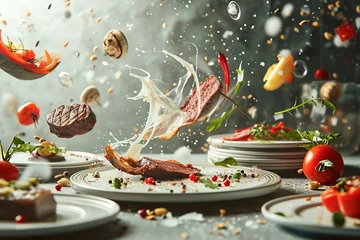 Foto op Plexiglas Different types of meal and vegetables cooked flying and floating in the air chaotically and dynamically. Tossed in the air meal. © Degimages