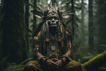 Enlightened Shaman person. Tribal forest man. Generate Ai - obrazy, fototapety, plakaty