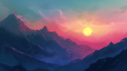 Majestic Sunset Over Serene Mountain Peaks With Vibrant Skies