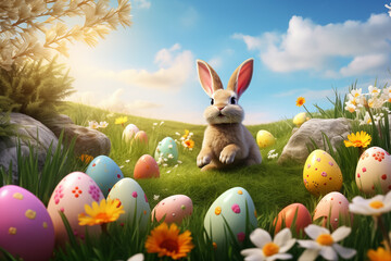 Create a vibrant Easter background with brightly colored Easter eggs, blossoming branches, and fluffy bunnies on a green grassy field