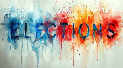 Colorful watercolor painting spelling ELECTIONS with splashes on light background. Concept of election campaign, political art, voting, call to action, creative advocacy, electoral engagement. Banner - obrazy, fototapety, plakaty