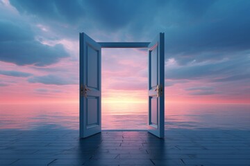 Open door leading out to serene ocean at dusk. Concept of calmness, dreams, relaxation, freedom, adventure, journey, new beginnings, the unknown, mystery, exploration, limitless possibilities.