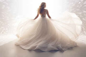 Bride in a flowing white wedding dress with a sparkling effect. Back view of a beautiful woman. Concept of bridal beauty, magical moments, and dream weddings.