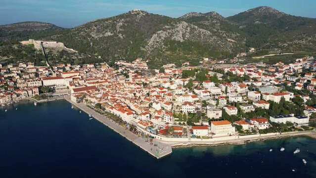 Aerial view of Hvar city in the Island of Hvar in Croatia. Famous for having an incredible nightlife scene, alongside its renowned historic town center and natural landscapes.