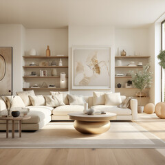 Fototapeta na wymiar A spacious living room with an elegant color palette, offering a cozy sofa and a floating display shelf 