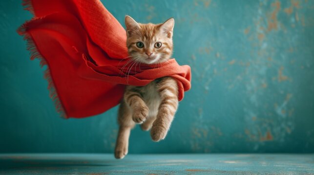Flying cat superhero wearing red cape flying through the air in actionpacked adventure pose