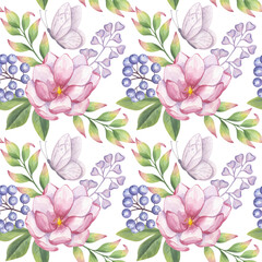 Seamless endless pattern pink magnolia, blue berries, green leaves foliage, butterfly. Hand drawn watercolor illustration background. For printing on fabric, textiles, packaging, wallpaper