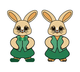 Bunnies in green clothes, cartoon characters, color drawing, on a transparent background, children's theme