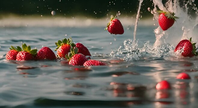 Strawberries falling into the water 4K slow motion 