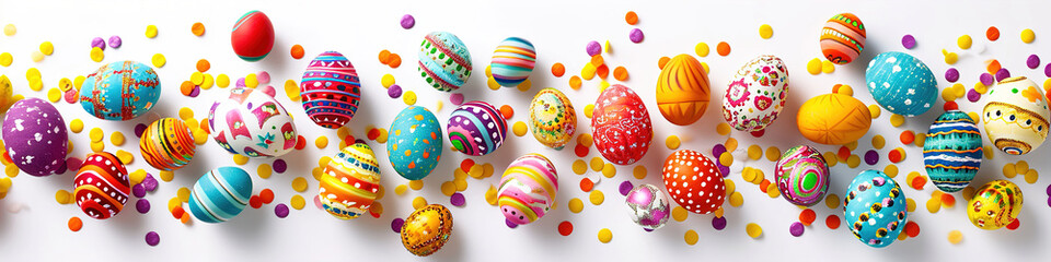 Border of easter multicolored eggs in horizontal line isolated on white. - obrazy, fototapety, plakaty