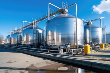 Obraz premium Industrial stainless steel tanks and piping at a processing plant under a clear blue sky, reflecting precision and scale in modern manufacturing.