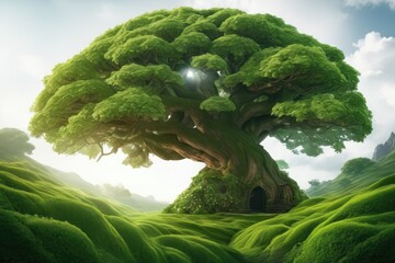 a high quality stock photograph of a Epic fairy tale world tree with dense green foliage