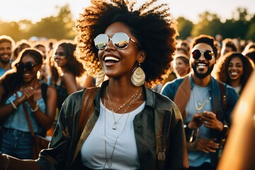 Naklejka premium a high quality stock photograph of a Young black woman dancing in the crowd at outdoor music festival, golden hour