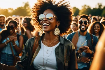 Fotobehang a high quality stock photograph of a Young black woman dancing in the crowd at outdoor music festival, golden hour © ramses
