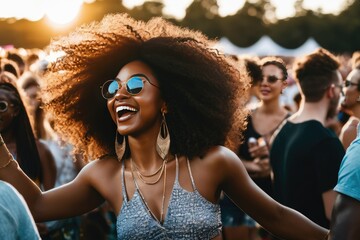 a high quality stock photograph of a Young black woman dancing in the crowd at outdoor music festival, golden hour - obrazy, fototapety, plakaty