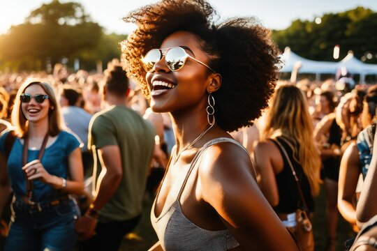 a high quality stock photograph of a Young black woman dancing in the crowd at outdoor music festival, golden hour