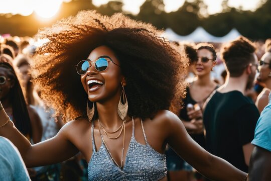 a high quality stock photograph of a Young black woman dancing in the crowd at outdoor music festival, golden hour