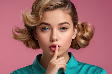 Fototapeta premium Portrait, adorable girl, stylish hairdo, wearing teal shirt, finger resting on lip, gazing towards empty promotional space, isolated against a pink background, ultra realistic
