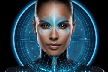 Portrait of a woman with a futuristic makeup and holo on her face. The dark abstract background adds to the fantasy-like atmosphere.