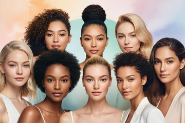 Obraz premium Portrait, diverse group of women radiating natural beauty, glowing smooth skin, arranged in a semi-circle, behind them a backdrop of a serene pastel watercolor gradient