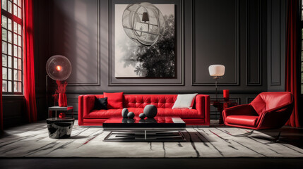 A spacious living room with a bold color blocking scheme of black, white, and red