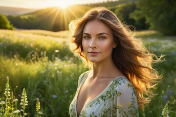 Woman radiating natural beauty, engaging eyes, subtle smile, sun-kissed skin, wind tousled hair, soft glow, backlit by the golden hour sun, bokeh background, vibrant greenery surrounds