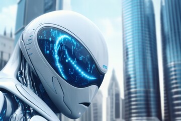 gynoid, a humanoid female android hybrid robot with a female face in a plastic helmet on the background of a futuristic city street, robotics concept