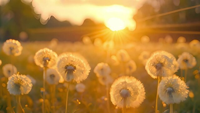 Dandelion field in beautiful colorful sunset. Fluffy dandelions glow in the rays of sunlight at sunset in nature on a meadow. Beautiful dandelion flowers in spring in a field close-up in the golden ra