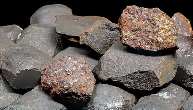 Iron ore stones, on isolated black background