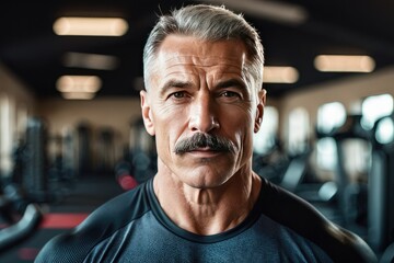 Portrait, seasoned athlete, light-skinned, deep wrinkles, piercing gaze, moustache, sportswear, softly blurred sport gym background, natural light accentuating rugged features, high-resolution photo, - obrazy, fototapety, plakaty