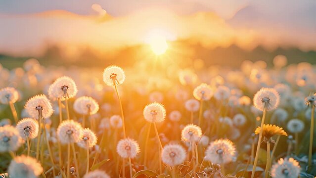 Dandelion field in beautiful colorful sunset. Fluffy dandelions glow in the rays of sunlight at sunset in nature on a meadow. Beautiful dandelion flowers in spring in a field close-up in the golden ra