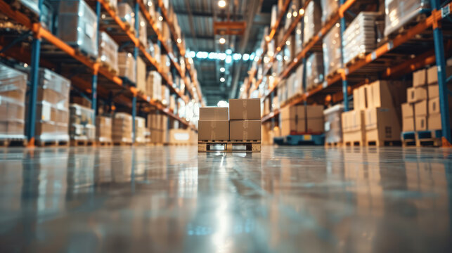 Low-angle view of a spacious warehouse interior with rows of high shelves stocked with boxes.