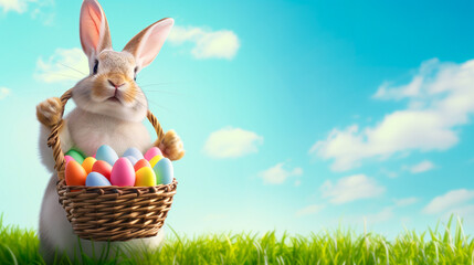 Cute Easter bunny holding a basket full of bright colorful Easter eggs, copy space on the right for your text