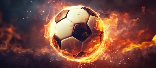 A soccer ball engulfed in flames is soaring through the air with impressive speed and power. The fiery ball is a close-up shot, indicating it was kicked with precision and force, most likely scoring a