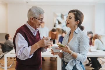 Senior man and a young woman are seen discussing enthusiastically in a busy office space.