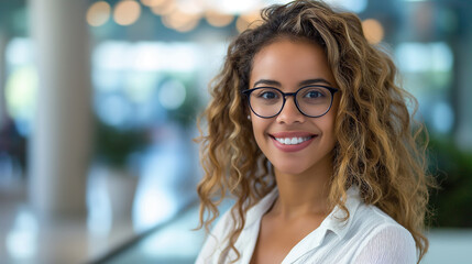 Portrait of young pretty cheerful business woman looking and smiling at camera in office. Generative AI - 750985518