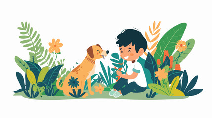 Child with a dog playing in a park with plants and g