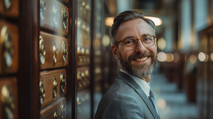 Portrait of senior business man in suit with beard standing beside safe deposit boxes in bank. Generative AI - 750985538