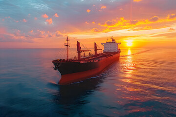 Aerial view of cargo ship in the sea at sunset or sunrise