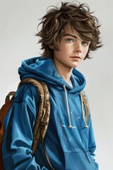 A boy with a backpack, wearing a blue hoodie and standing in front of a white wall.