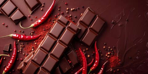 Chocolate bars spiced with hot chili on brown surface.