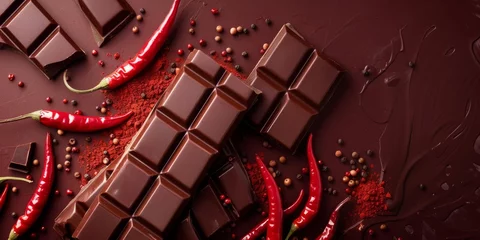 Foto op Plexiglas Chocolate bars spiced with hot chili on brown surface. © Lars
